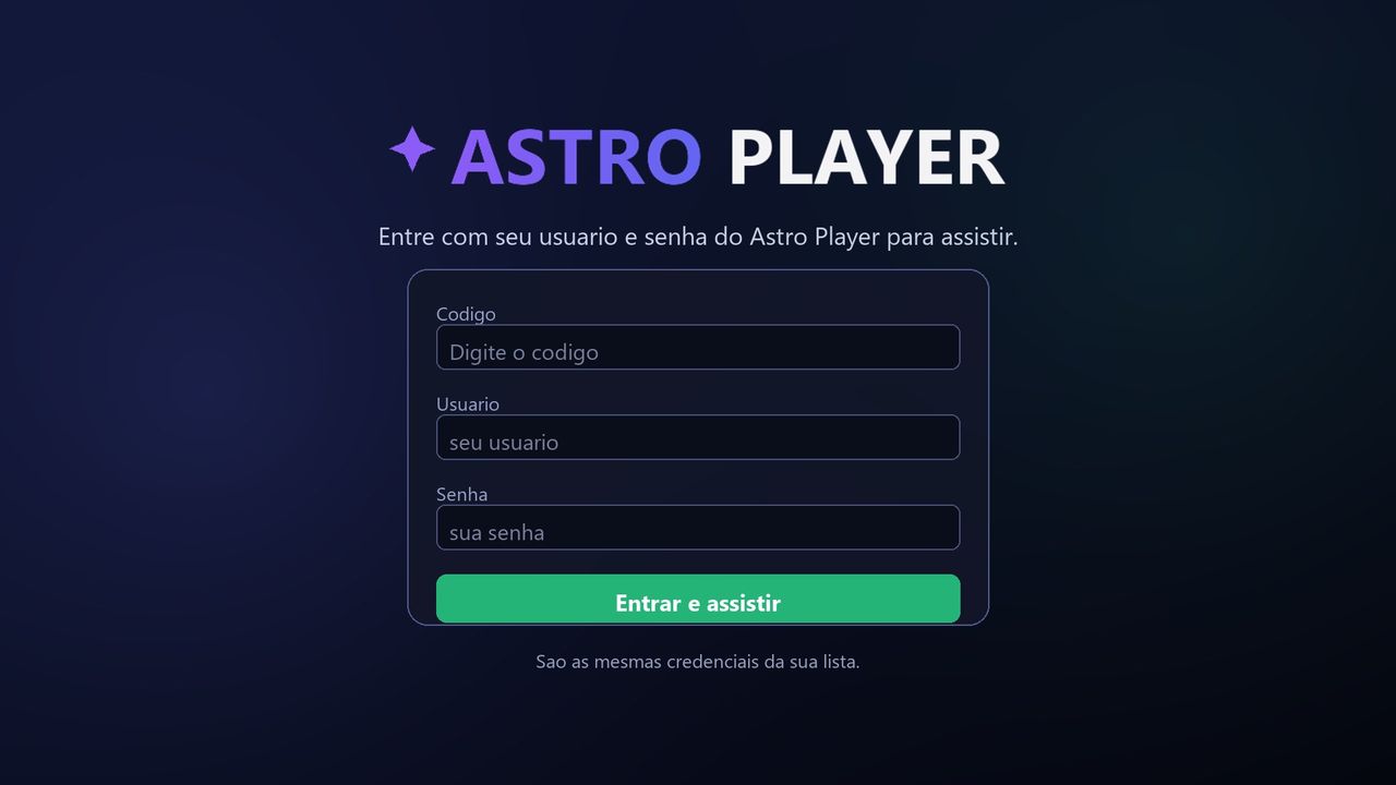 Astro Player — sign-in screen with access code, username and password